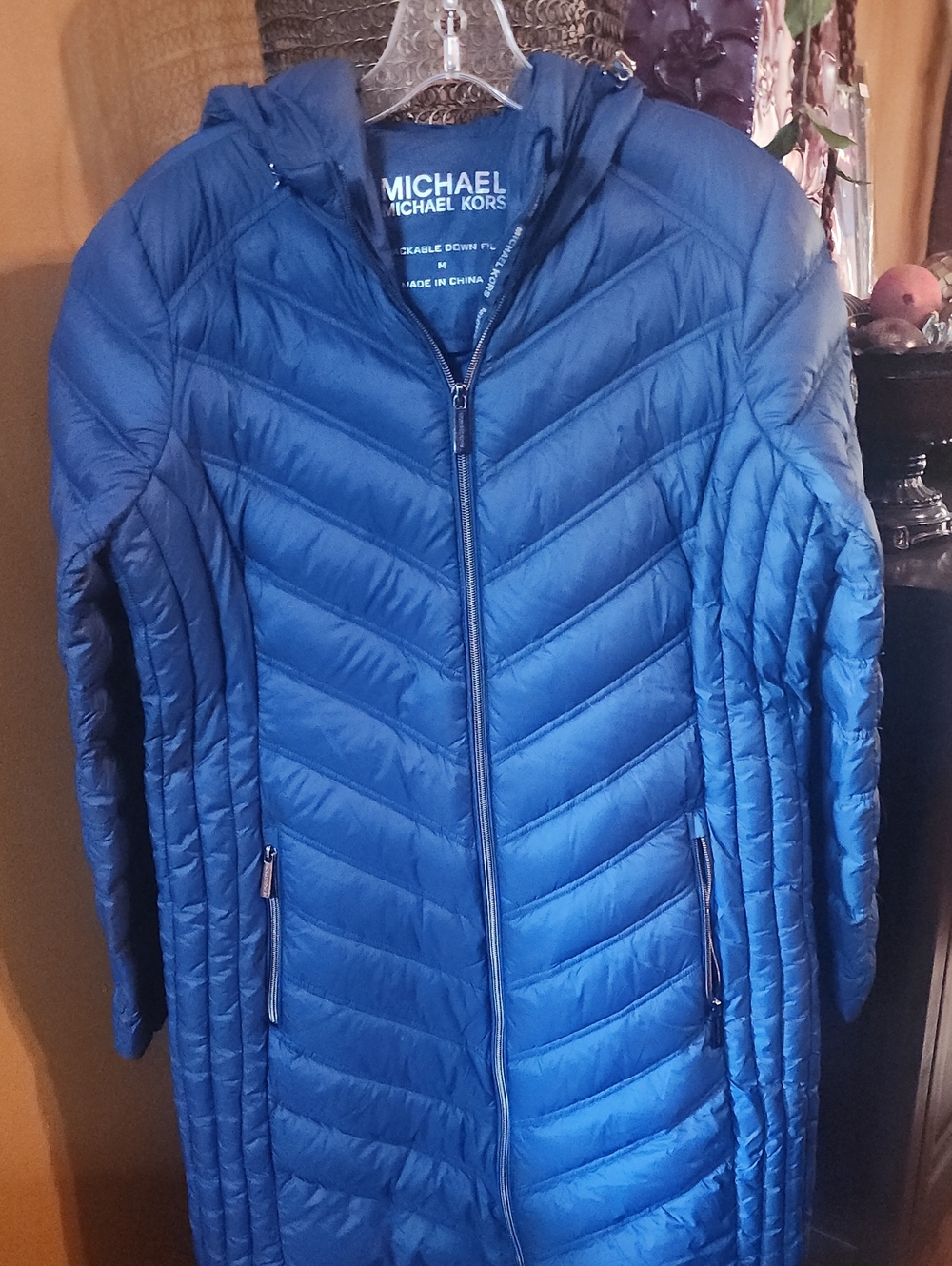 Michael Kors Royal Blue Women's Quilted Long Puffer Coat with Hood
